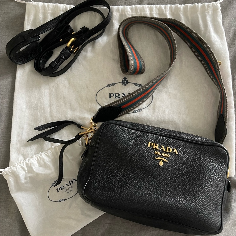 Prada Double Zip Camera Bag Vitello Daino With Extra Strap.